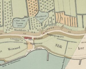 Afbeelding: detail van een negentiende-eeuwse kaart met nadruk op het Oud-Slijkerveer. Er is onder meer het wiel te zien dat ontstond naar aanleiding van de dijkdoorbraak. Fotonummer: A0384_O.